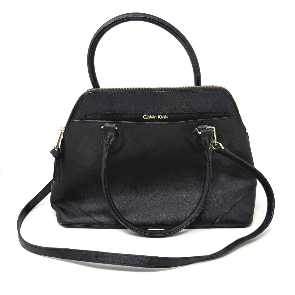 Calvin Klein Black Saffiano Leather Dome Satchel Gold Hardware Crossbody Bag